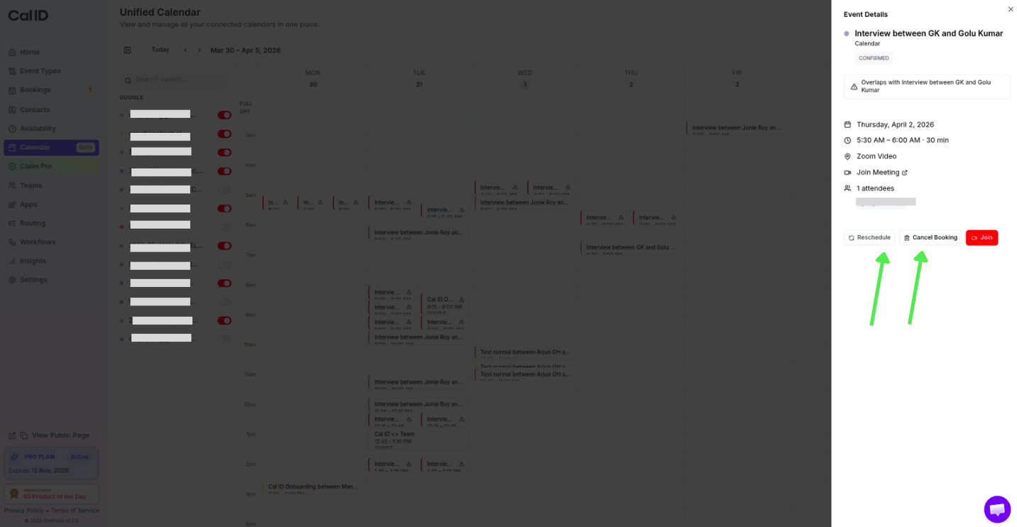 Reschedule and Cancel Booking buttons in the details panel