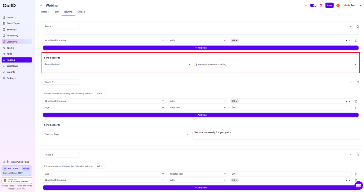 Event redirect destination
