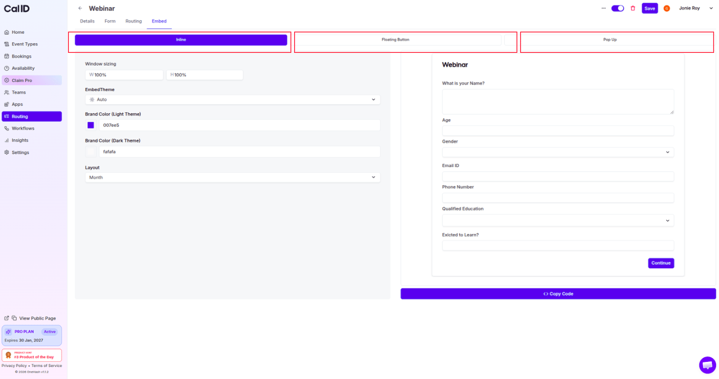 Embed tab with type options