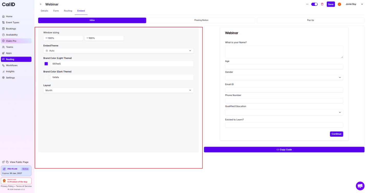 Embed display settings