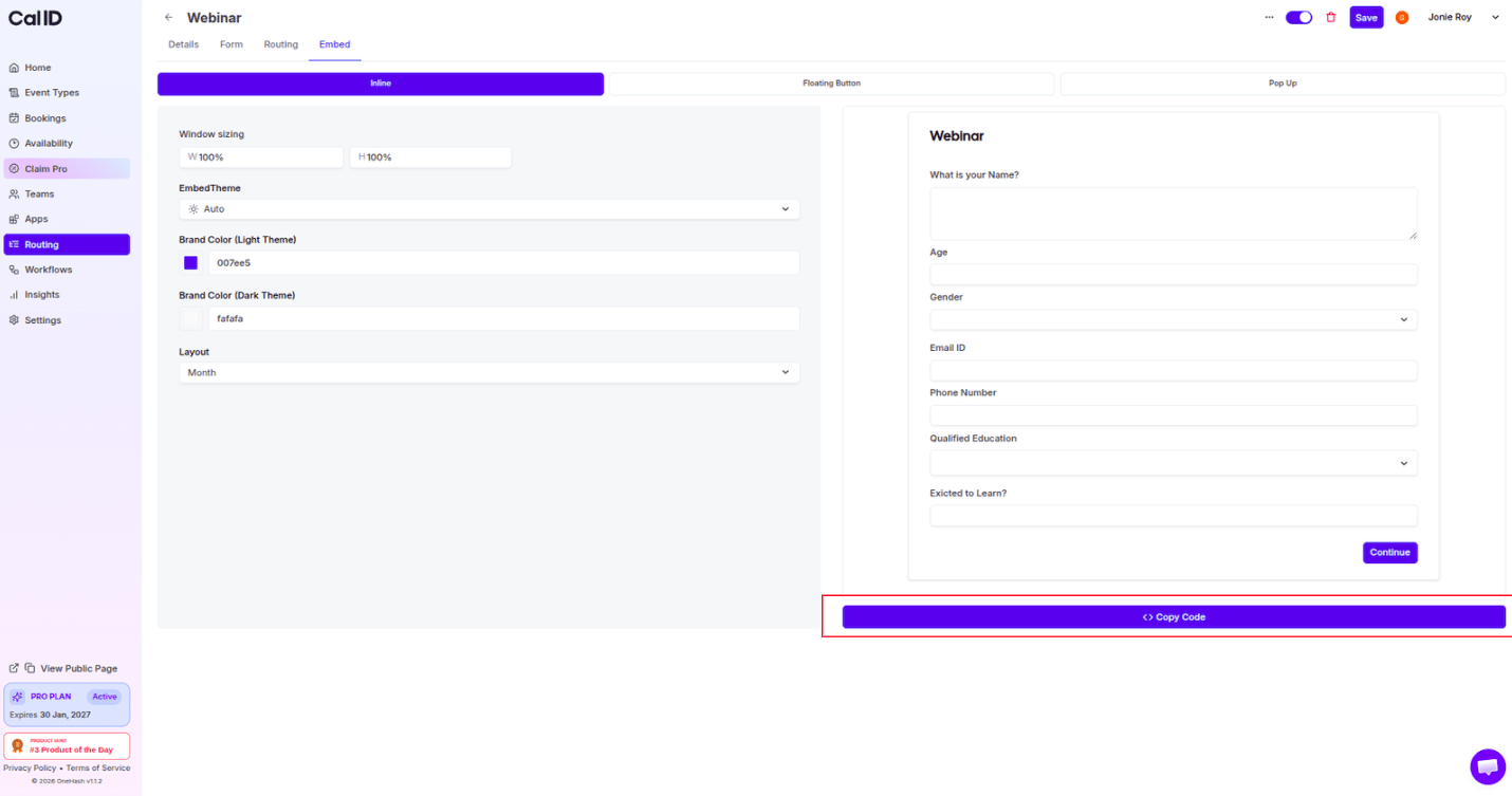 Copy code pop-up