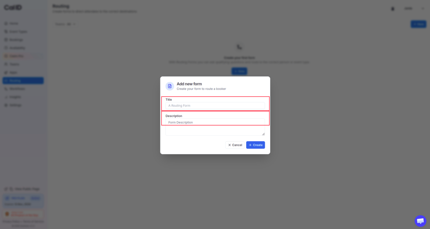 Add new form pop-up with title and description