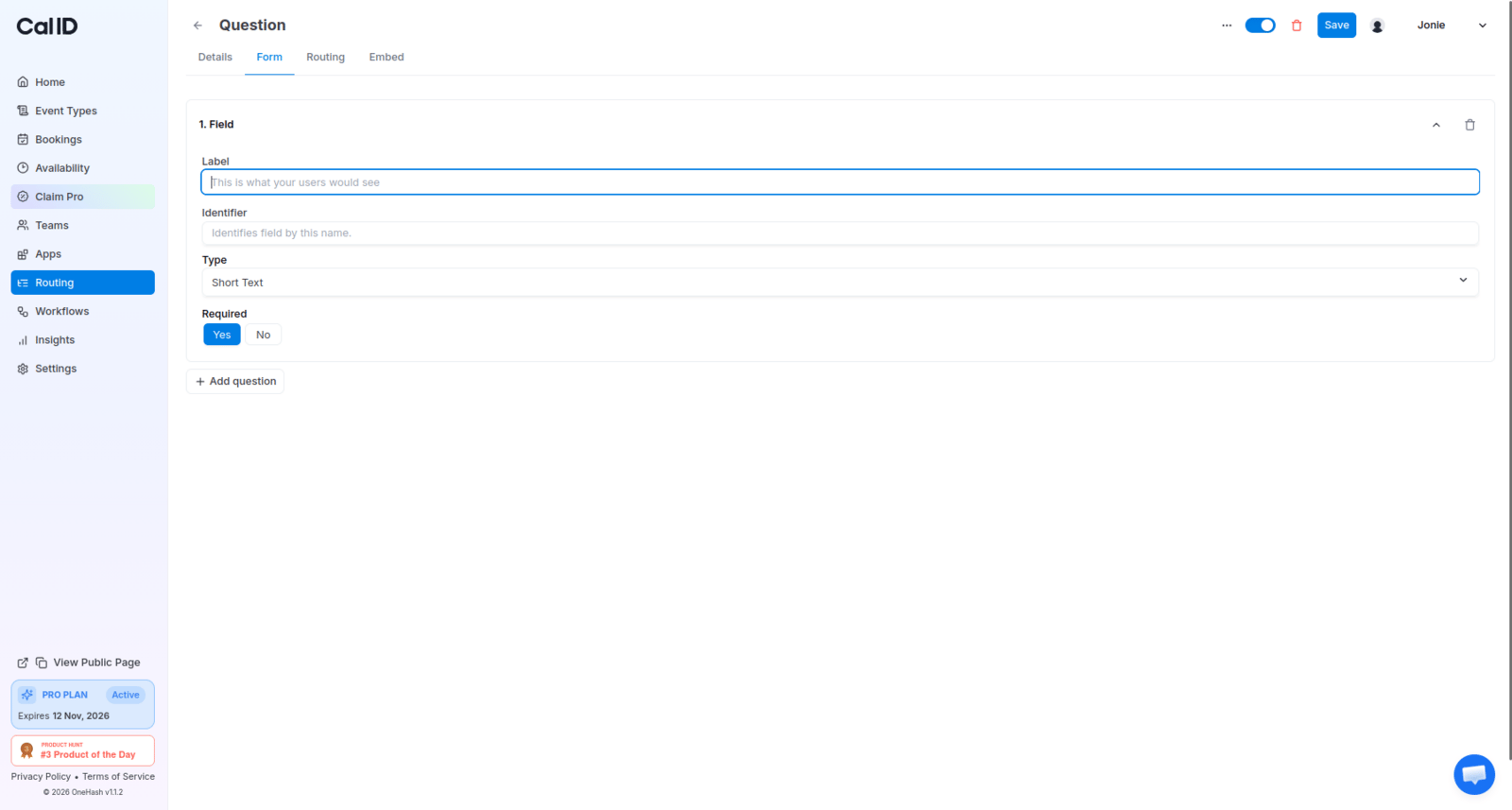 Question configuration fields