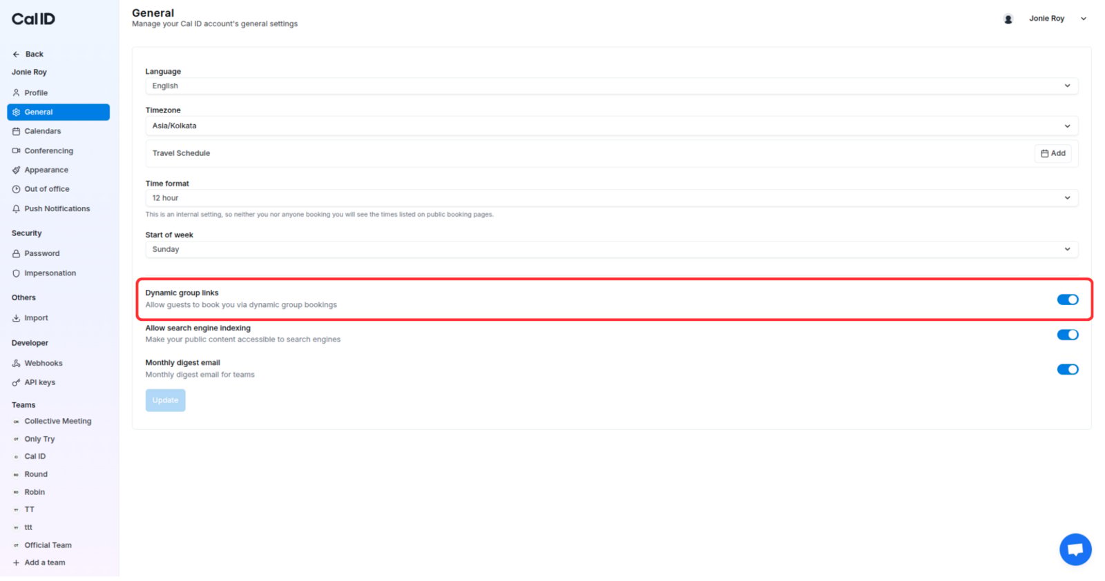 Dynamic Group Links toggle in General settings