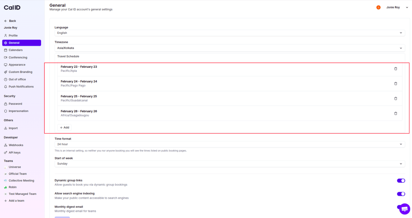 Updated travel schedule settings