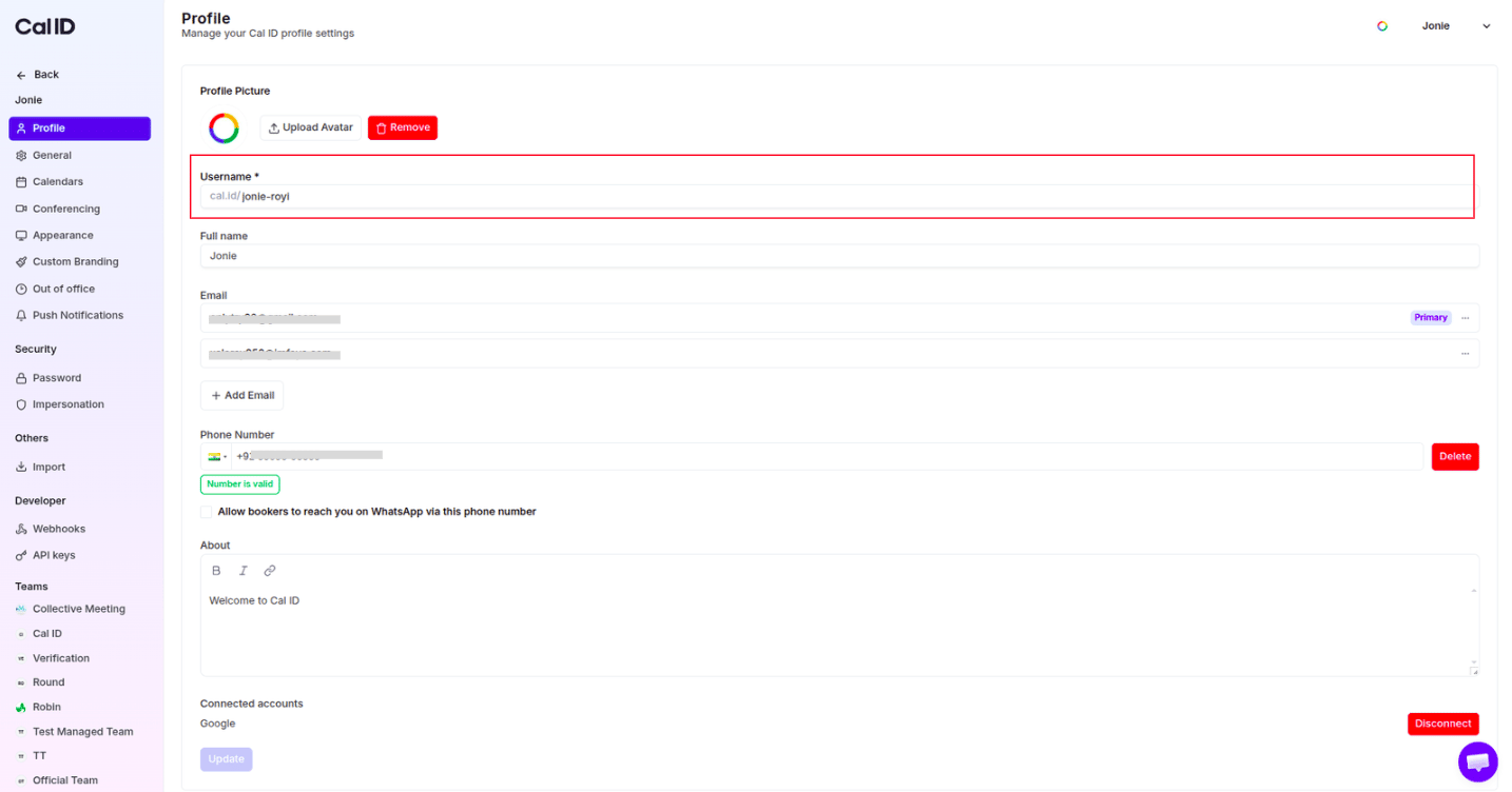 Username and public URL field