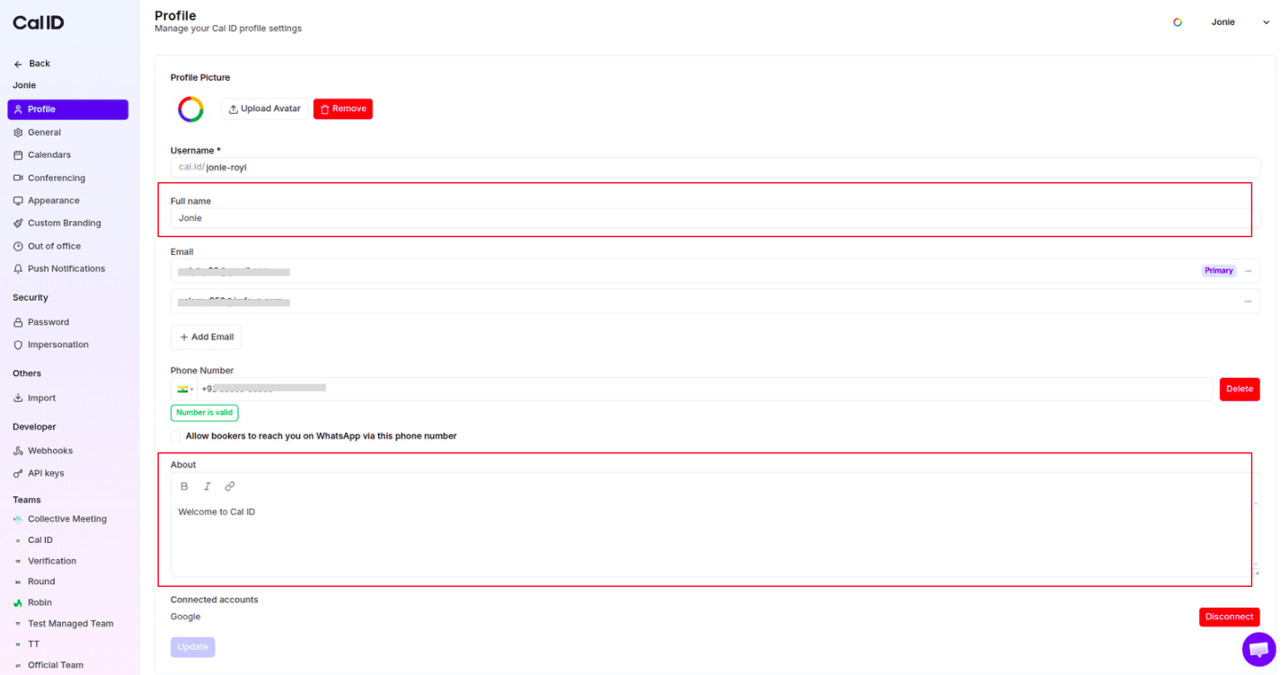 Personal information fields