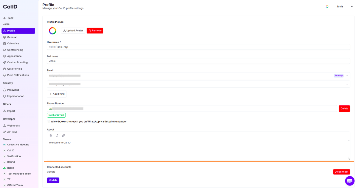Connected accounts section