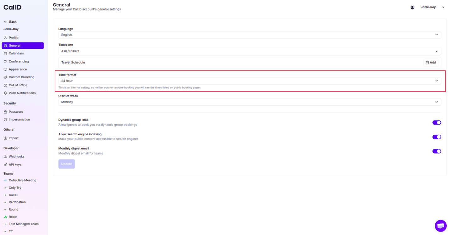 Time format dropdown in General settings