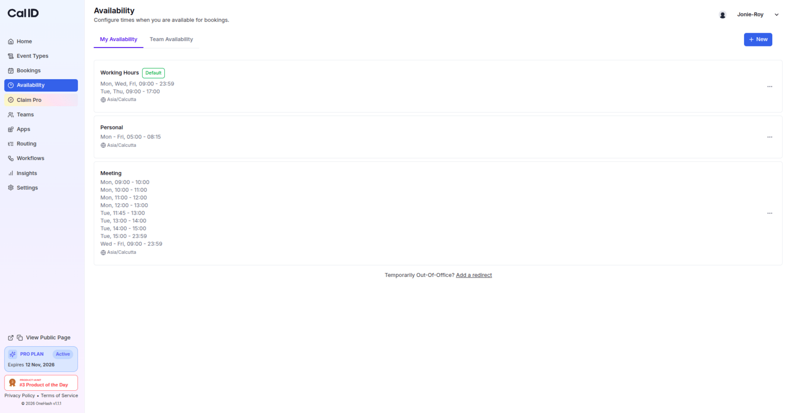 Availability tab reflecting time format