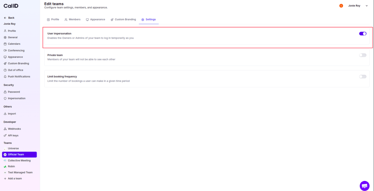 User Impersonation toggle