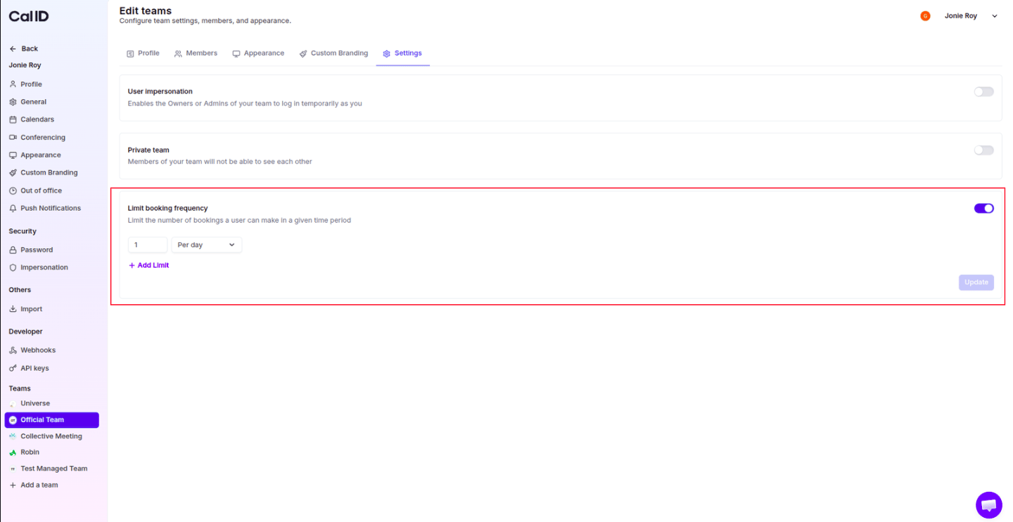Limit Booking Frequency toggle
