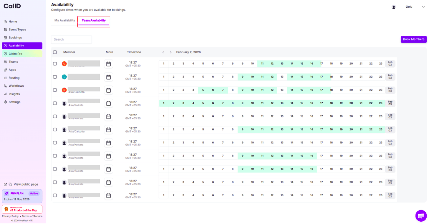 Team Availability tab on the Availability page
