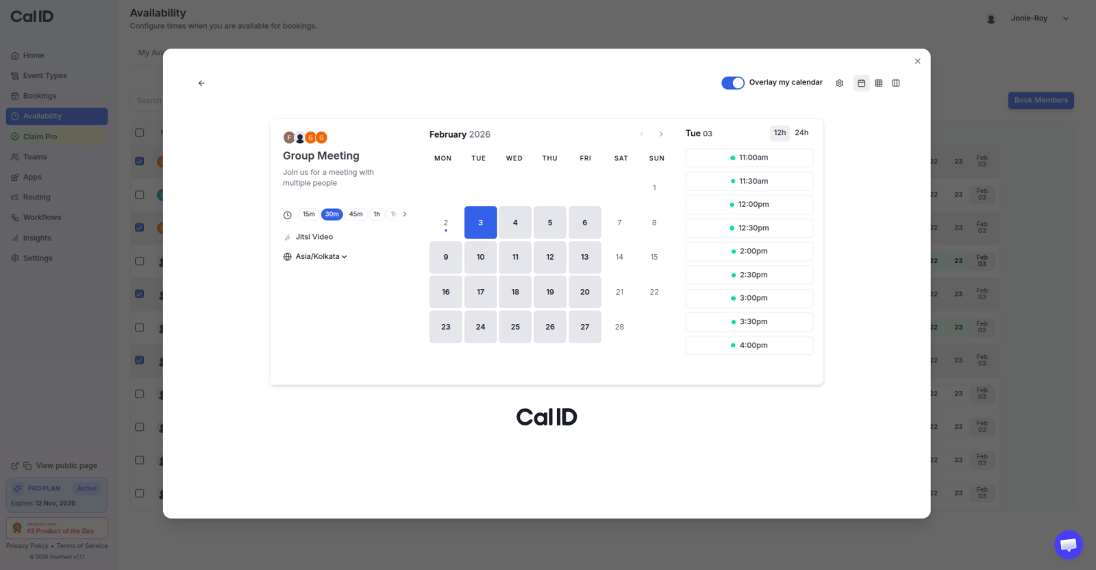 Calendar showing common availability slots