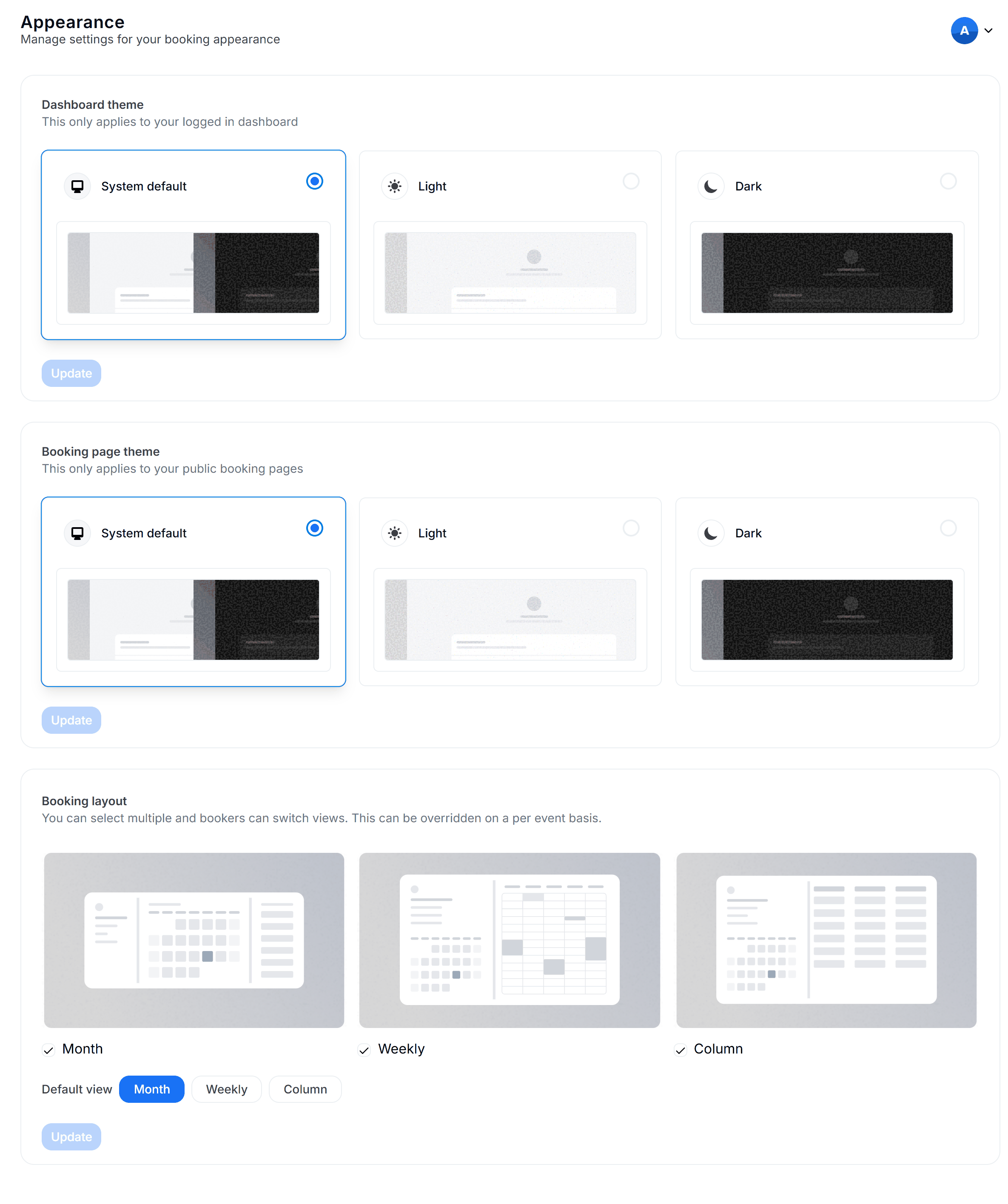 Booking page theme section on the team's Appearance tab with the System default, Light and Dark options