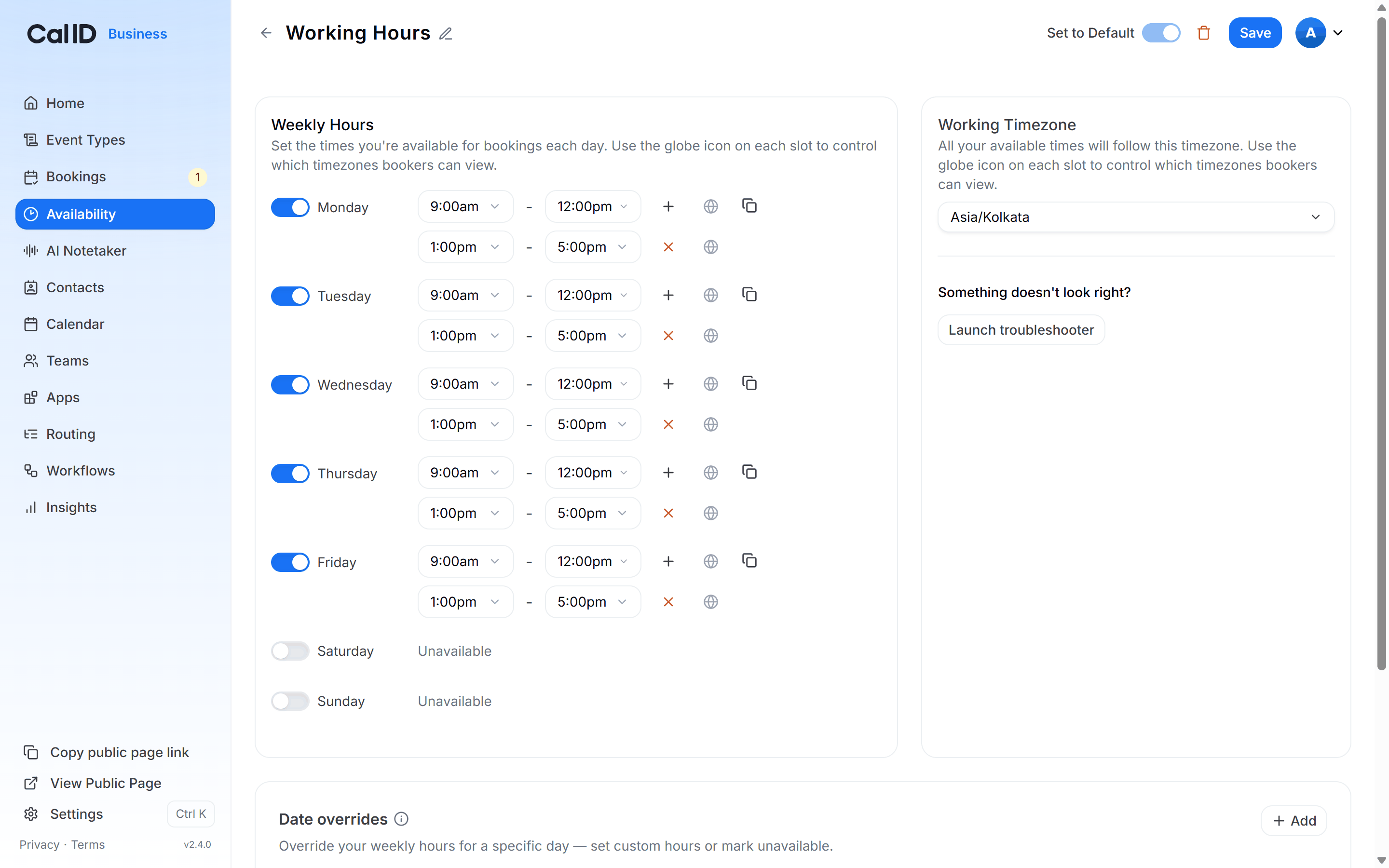 Weekly Hours panel showing each weekday with an on/off switch, start and end time fields such as 9:00am to 12:00pm, and the + add-slot icon at the end of a row