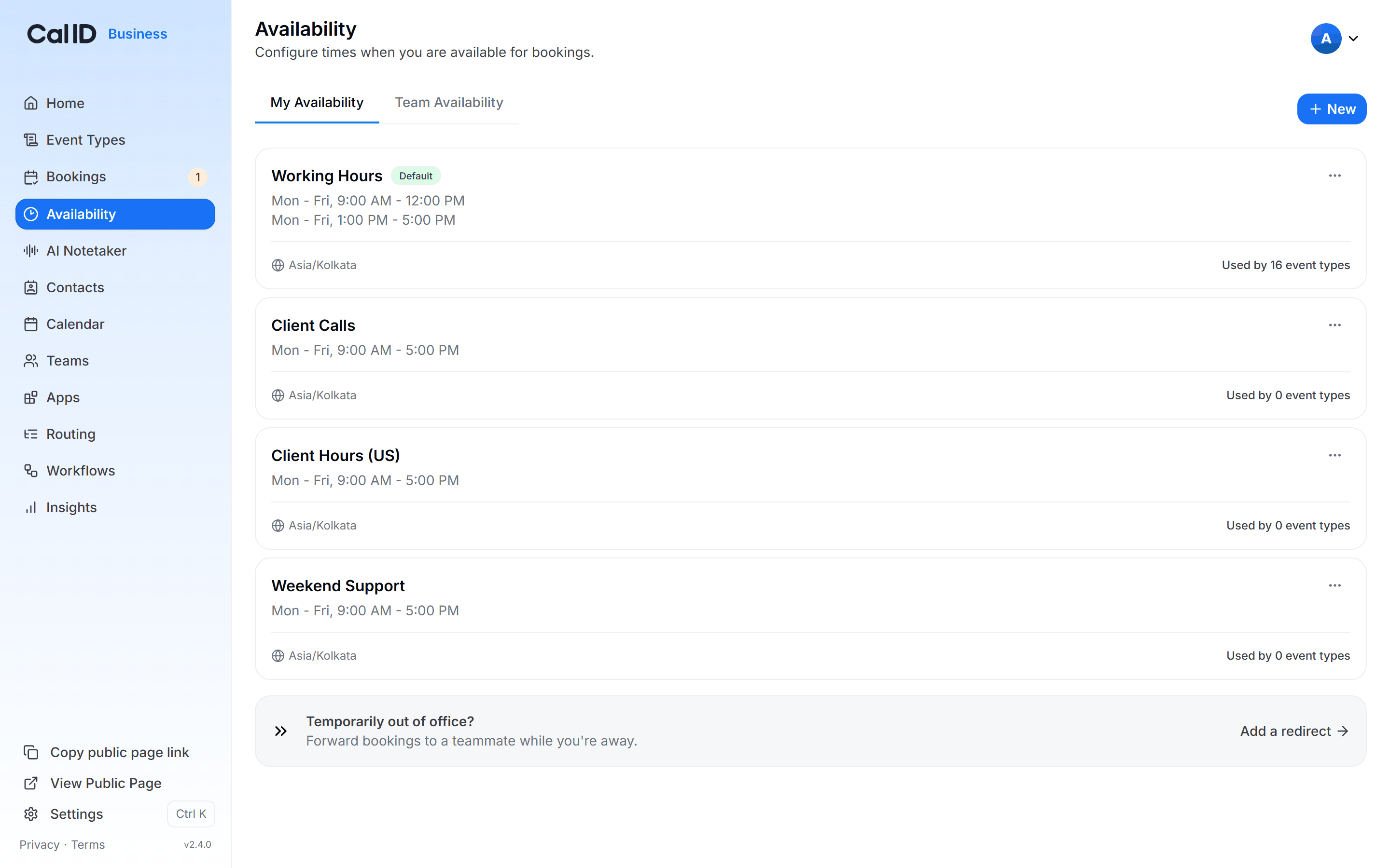 Availability page listing several named schedules, each with its working hours summary, and a Default badge on one of them
