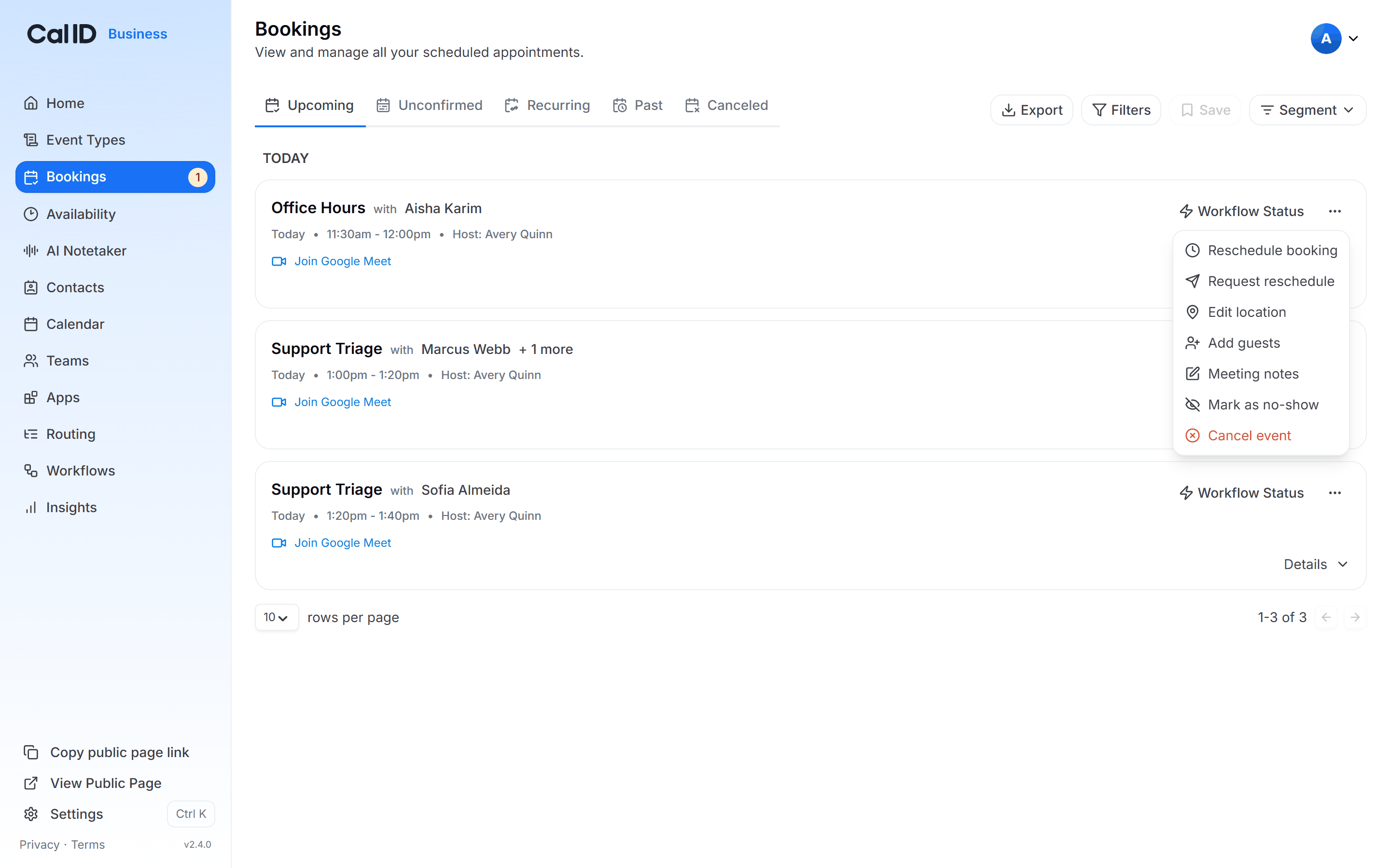 Bookings list on the Upcoming tab with the three-dot actions menu open on one row, listing Reschedule booking, Request reschedule, and Cancel event