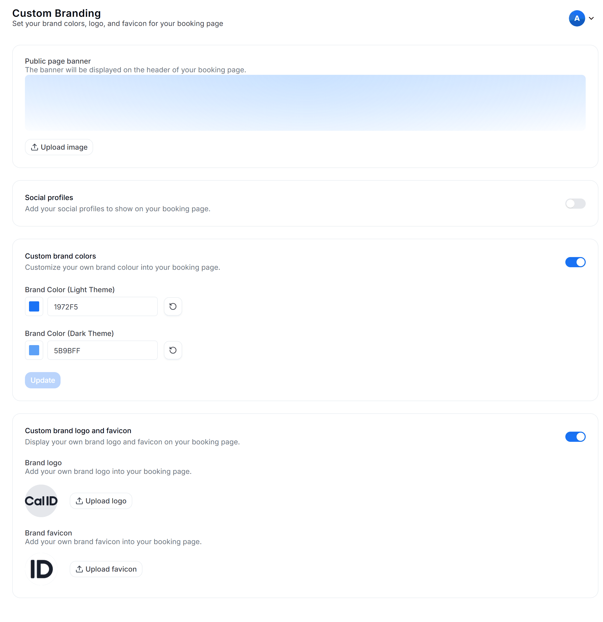 Custom Branding tab with the Public page banner section at the top, showing an empty banner preview and an Upload image button