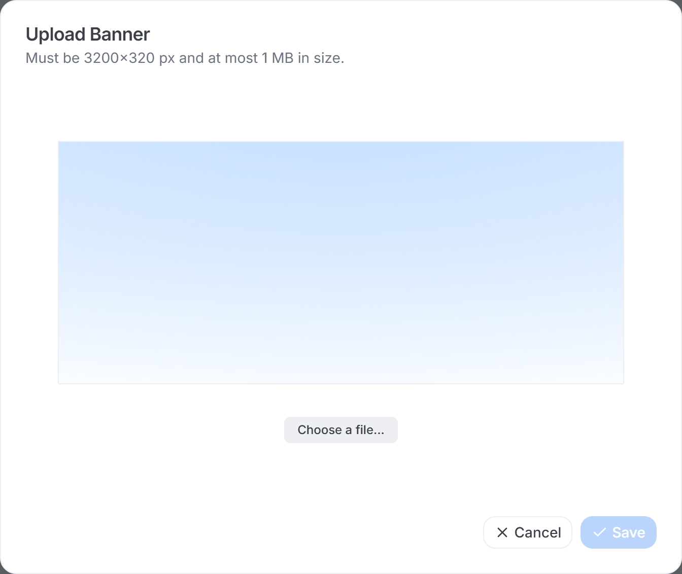 Upload image dialog on the team's Custom Branding tab, with a file picker and the 3200 x 320 px banner requirement