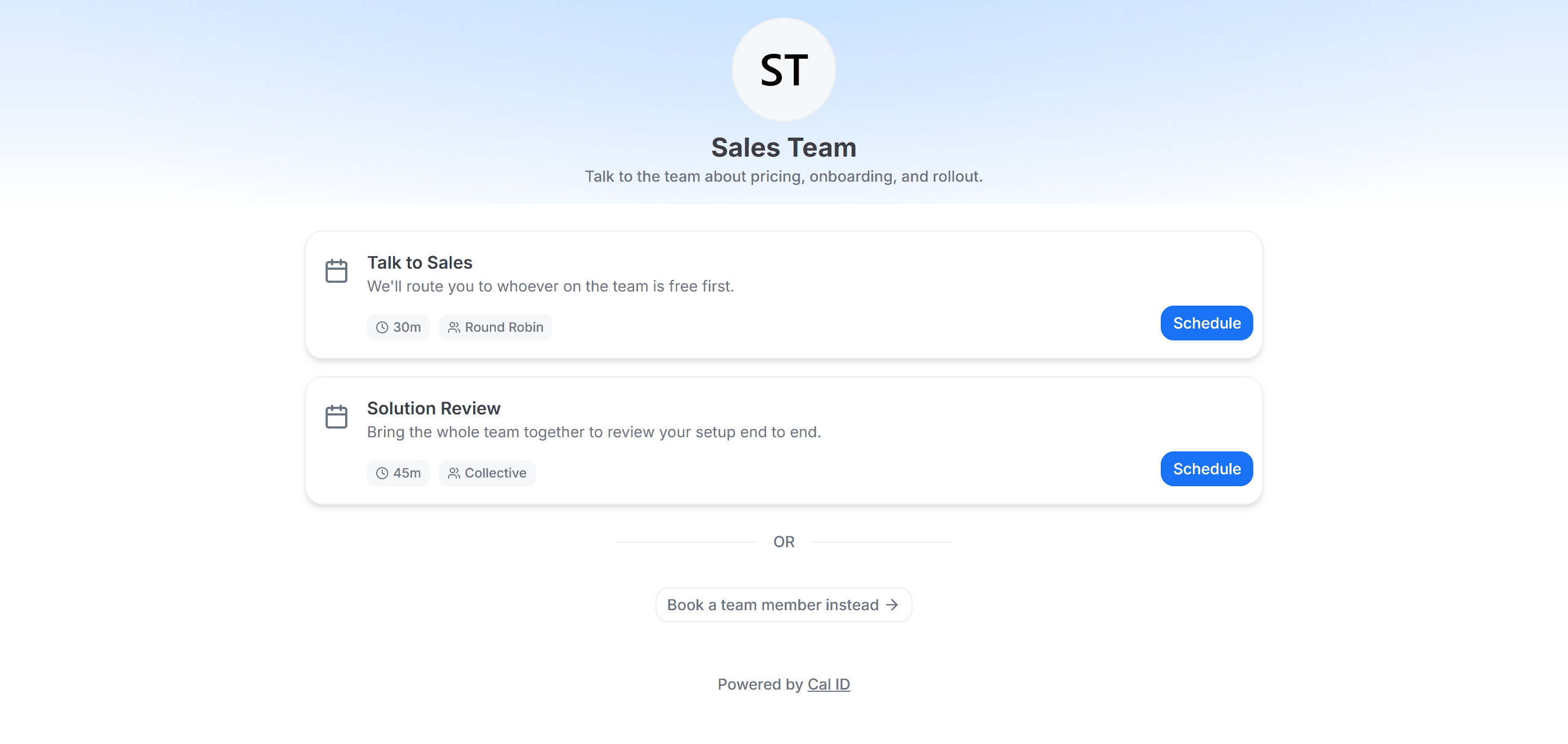 Team booking page with the team logo shown at the bottom of the booking interface instead of the Cal ID mark