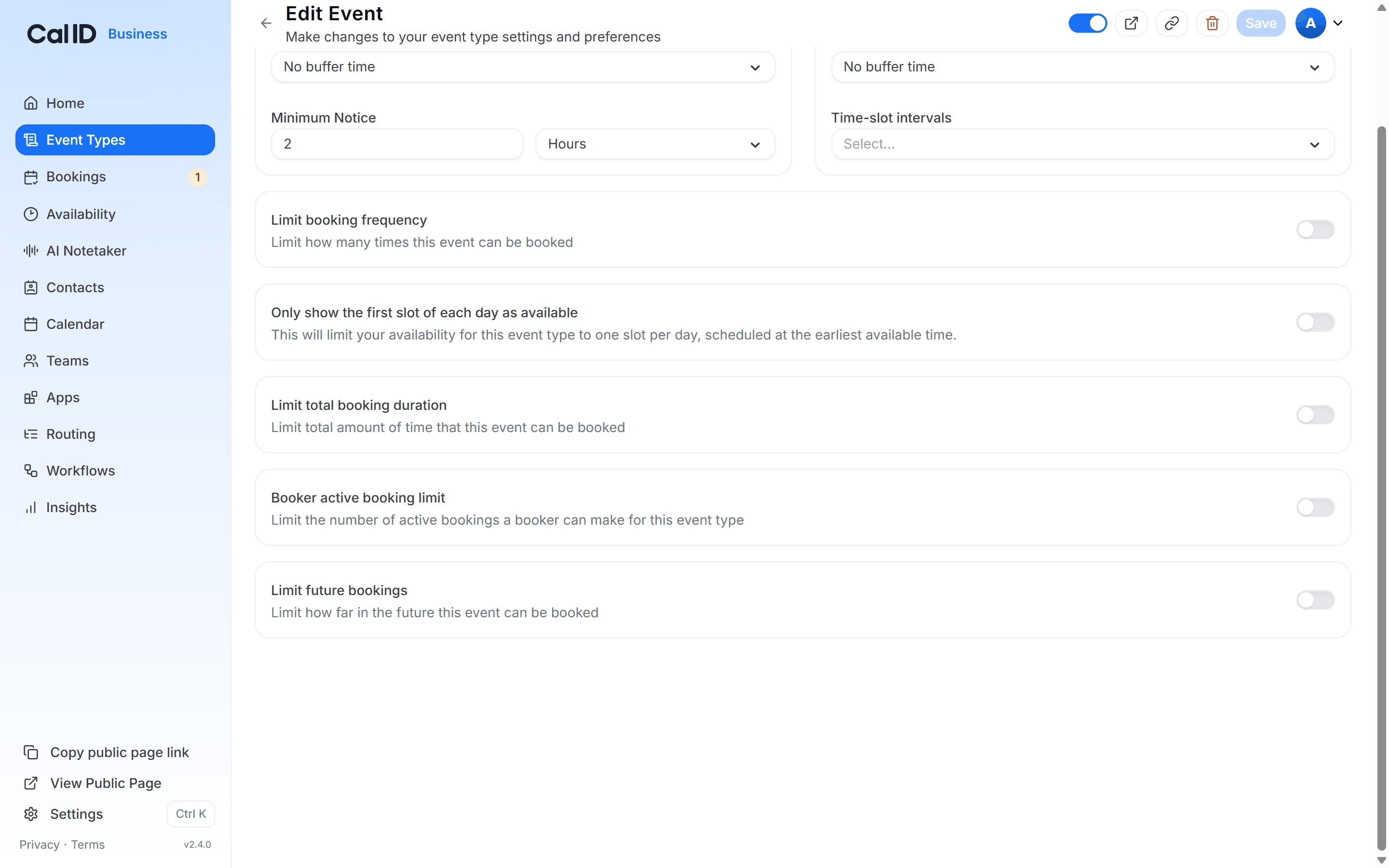 Limit future bookings section of the Limits tab with the rolling-window day count, the "Always 30 days available" checkbox and the fixed date range option