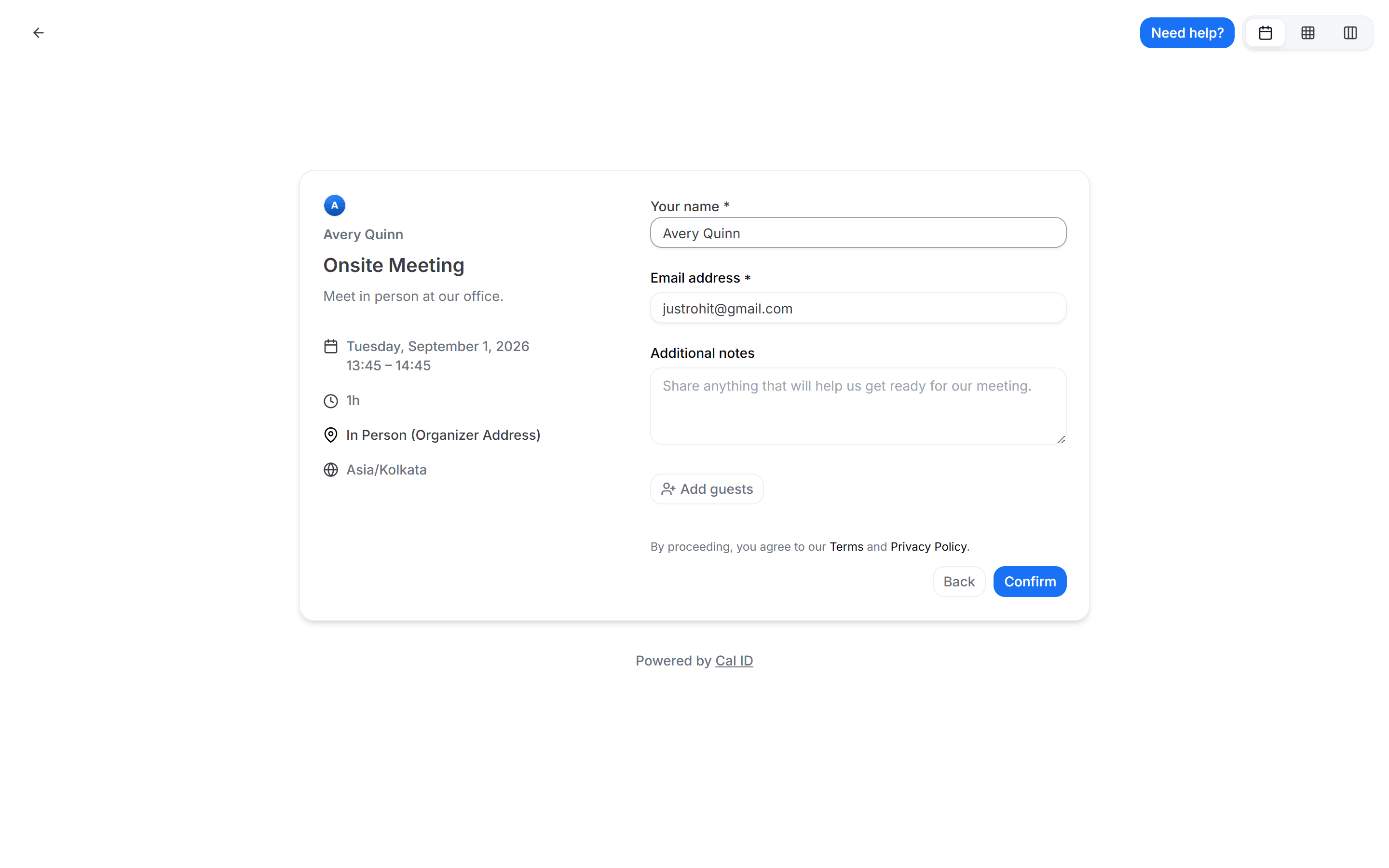 Booking form with a required Location question listing the Zoom Call and In-person Meeting options for the booker to choose