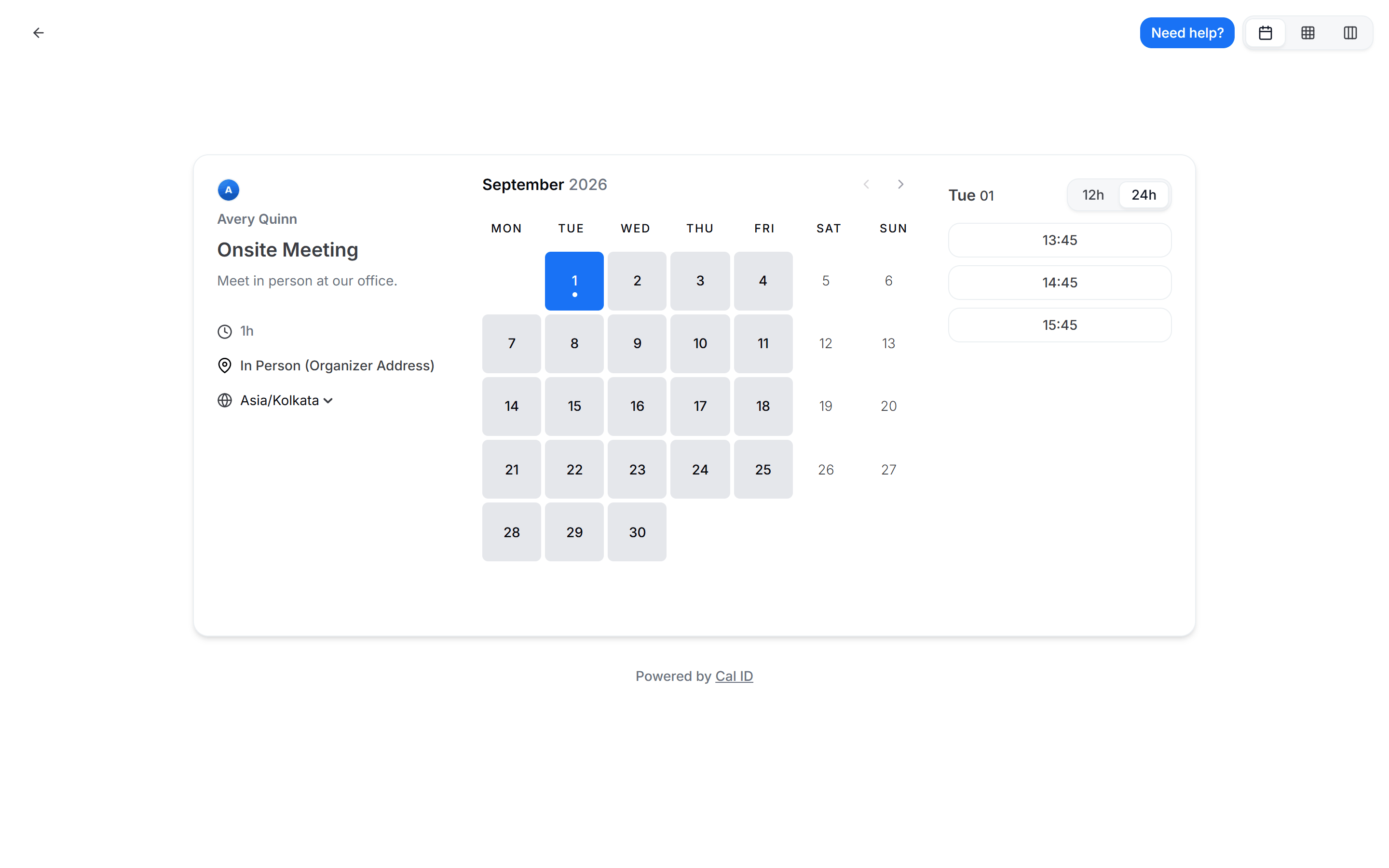 Booking page with the timezone selector locked, showing the fixed timezone label above the list of time slots