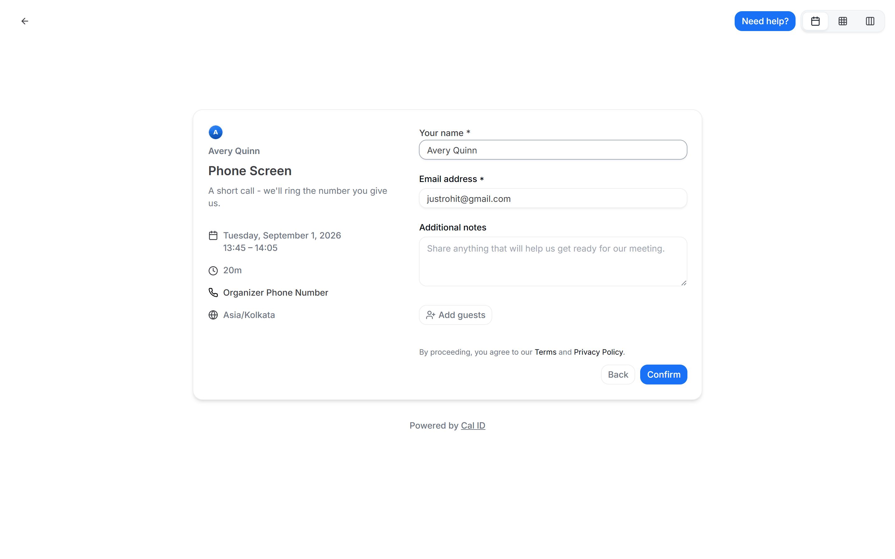 Booking page for a phone event with a required Phone Number field and a country-code dropdown beside it