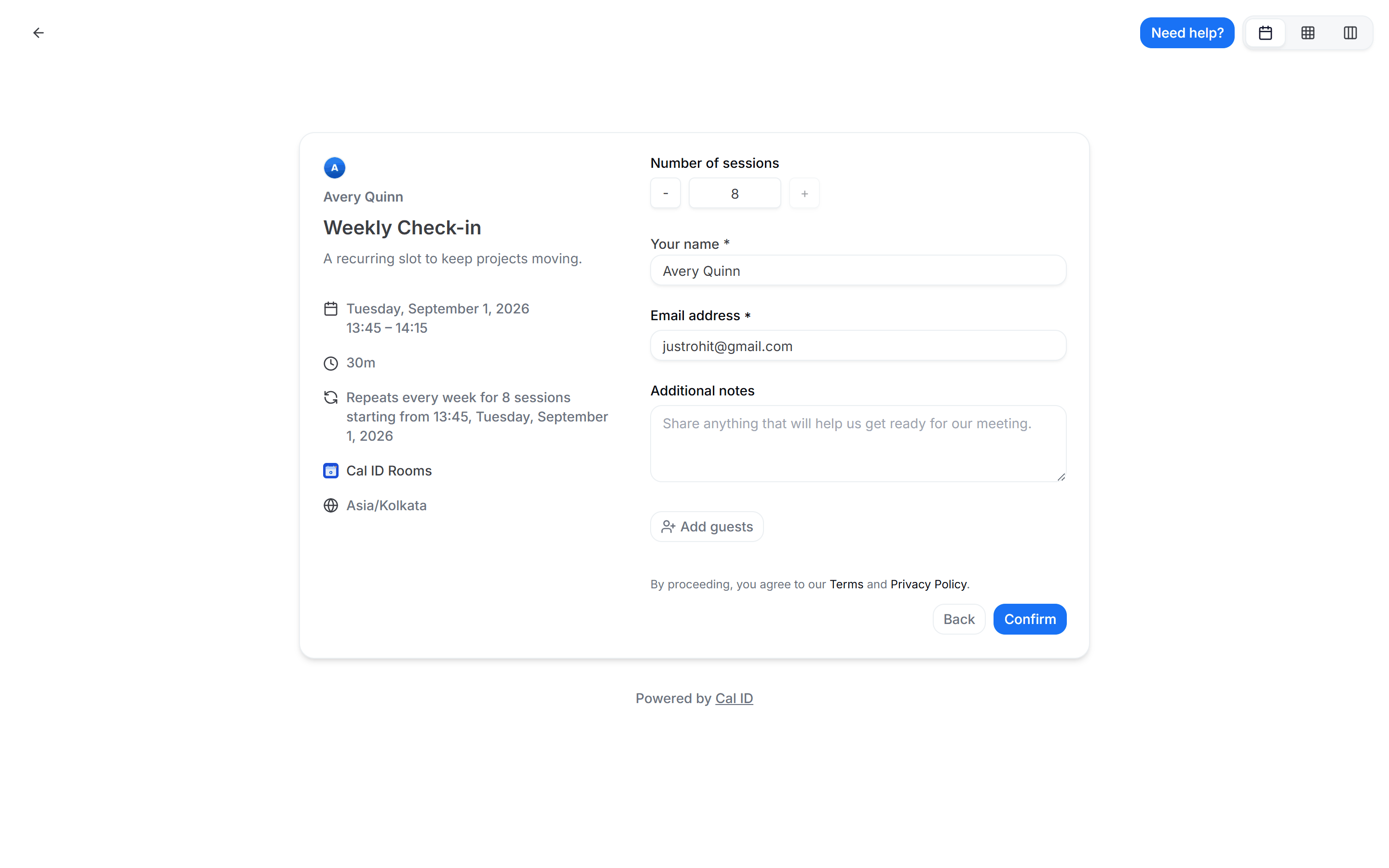 Booking form for a recurring event listing each occurrence date and time above the Confirm button