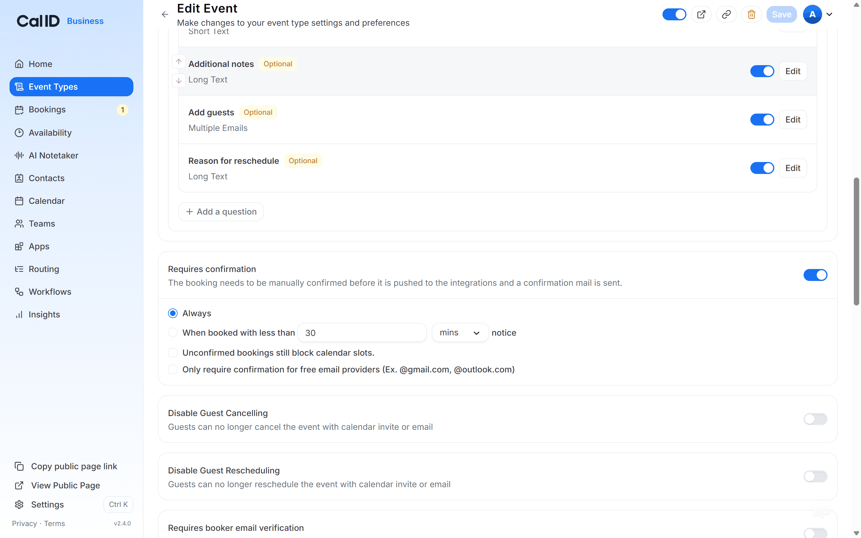 Advanced tab with Requires confirmation switched on, showing the Always and notice-period choices plus the two extra checkboxes