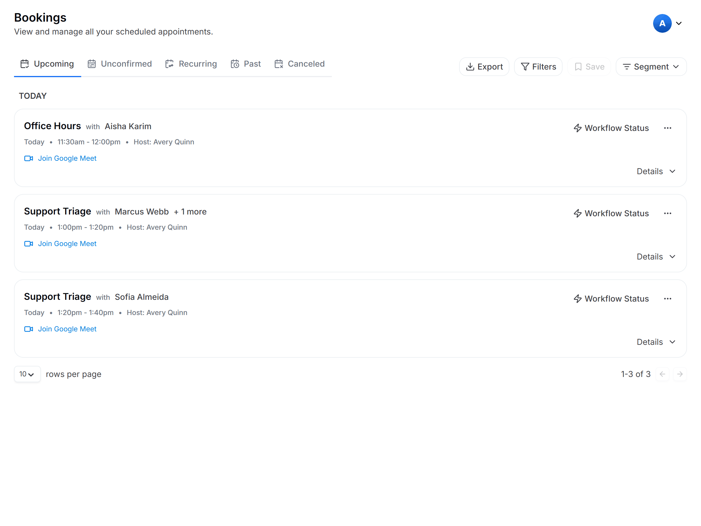 Bookings tab with the newly created meeting listed under Upcoming, showing its date, time and attendee