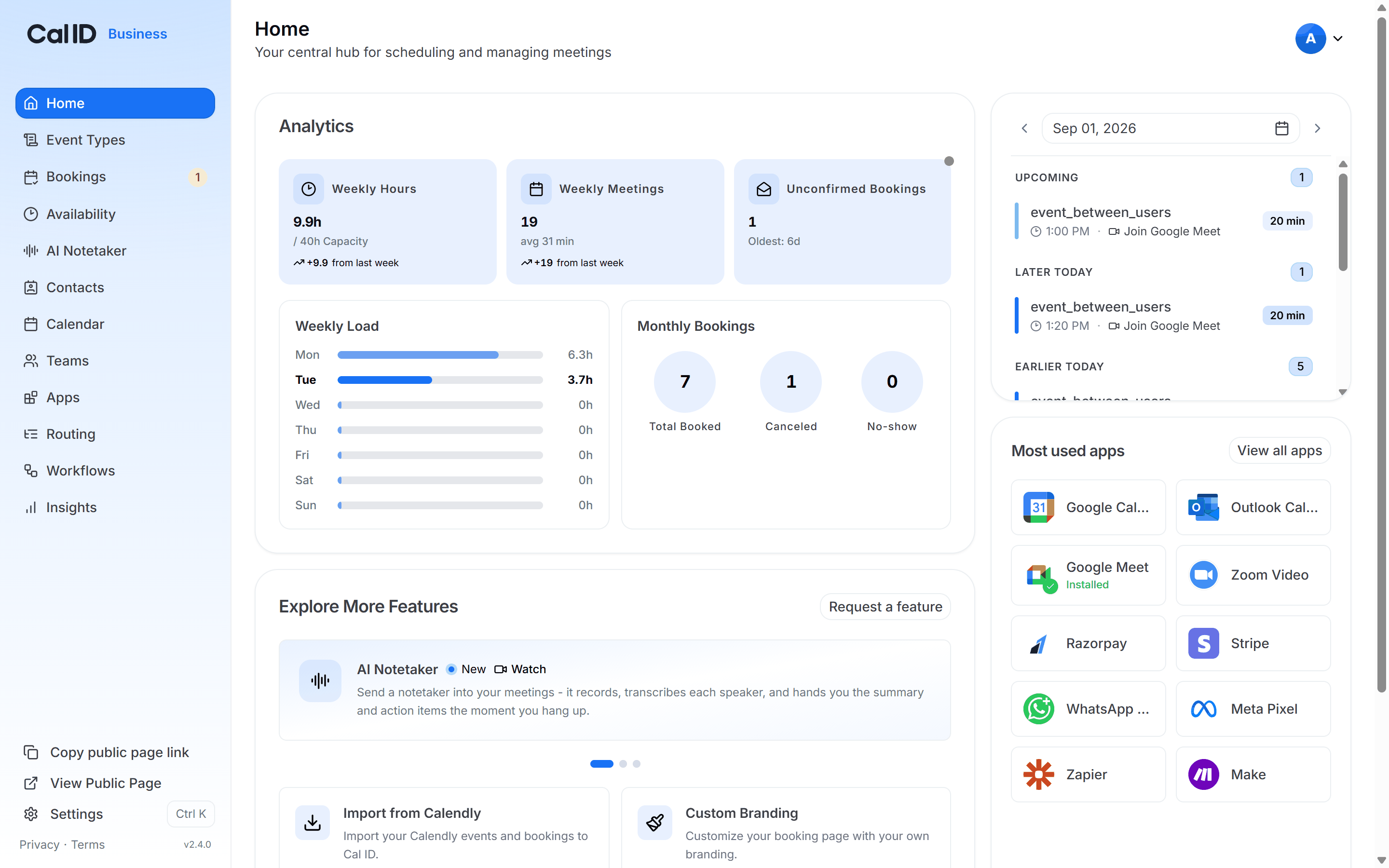 Cal ID Home dashboard after onboarding, with the left sidebar and the upcoming bookings panel