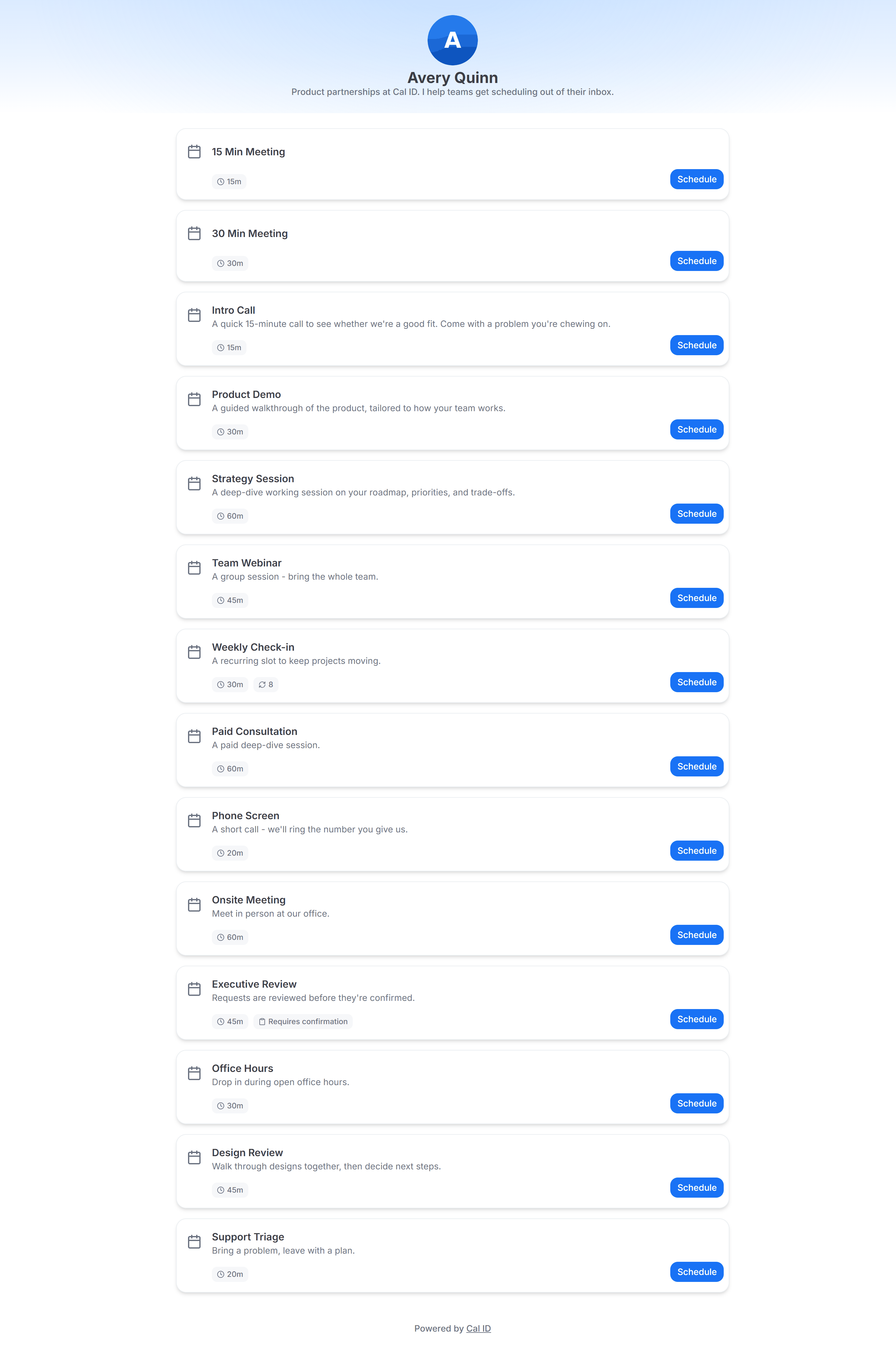 Cal ID booking page listing a host's event types, each with its duration and a Schedule button