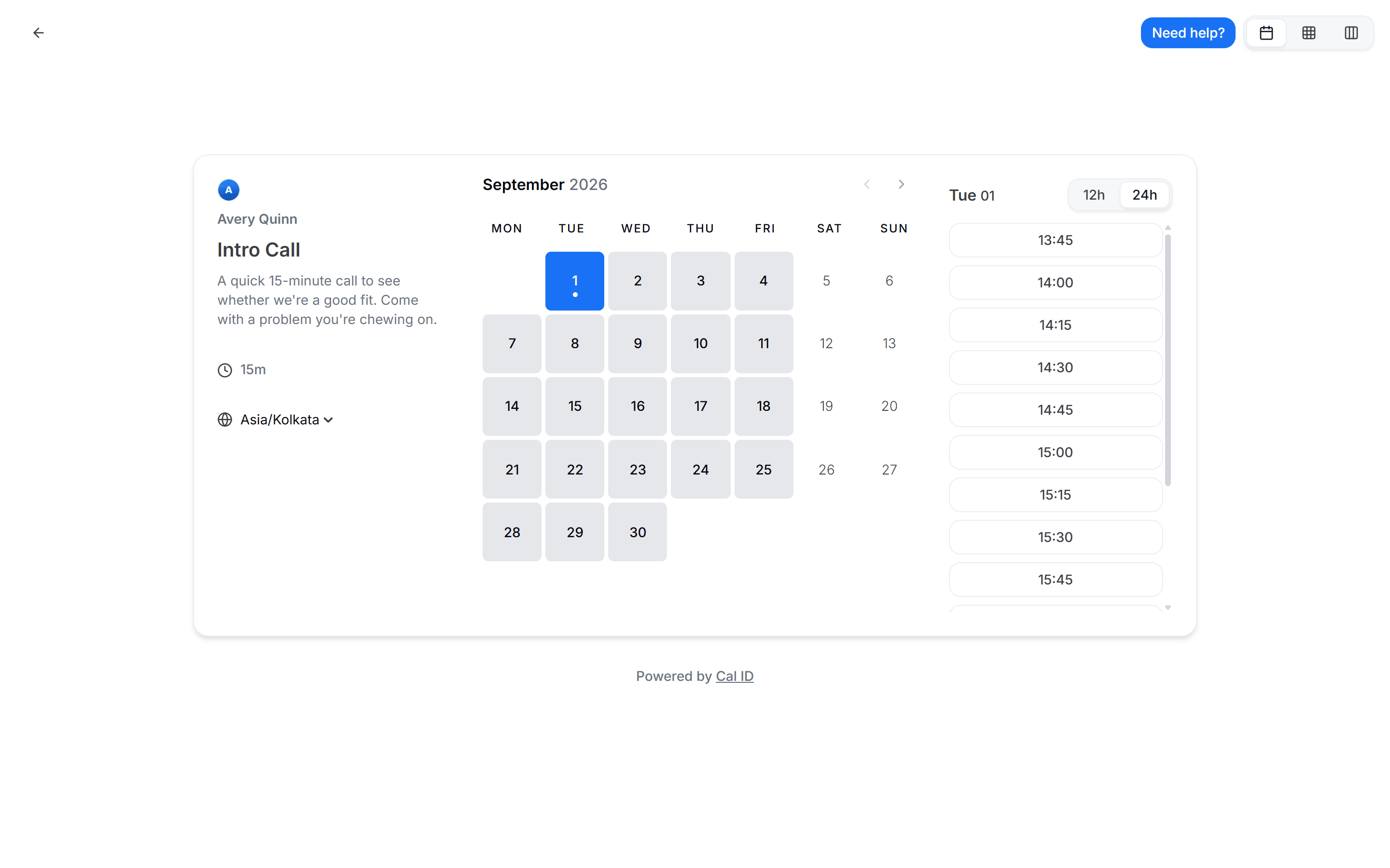 Booking page calendar with the duration and timezone selectors on the left and the selected day's time slots listed on the right