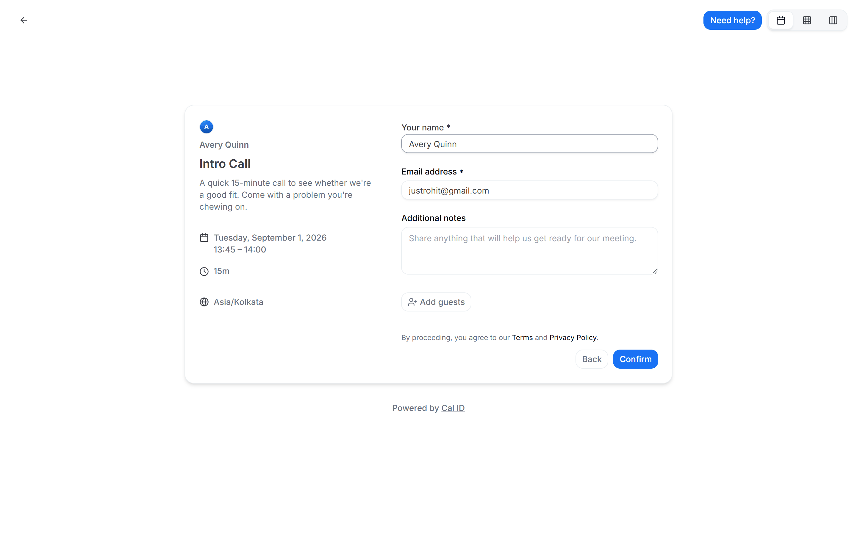 Booking details form with name and email fields, the host's custom booking questions, and a Confirm button