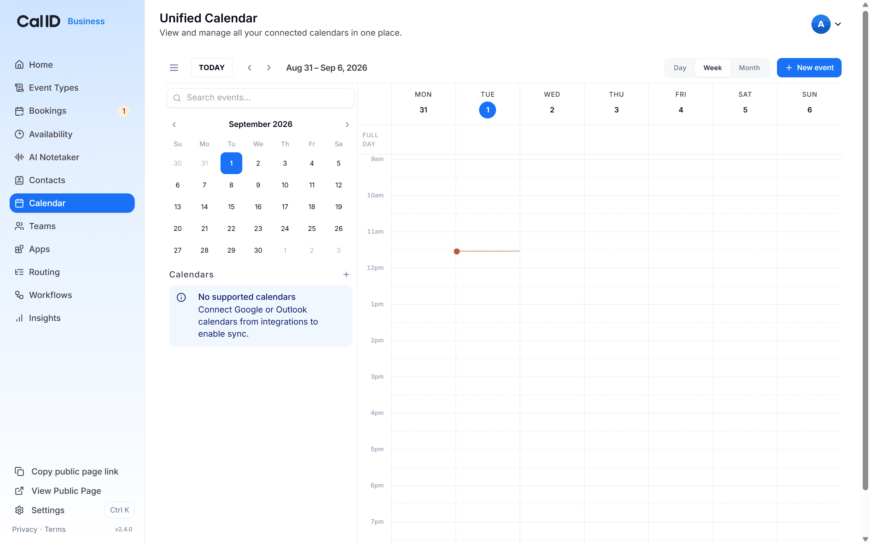 Unified Calendar in week view, with the connected calendar list and its colour toggles down the left sidebar and Day, Week and Month buttons top right