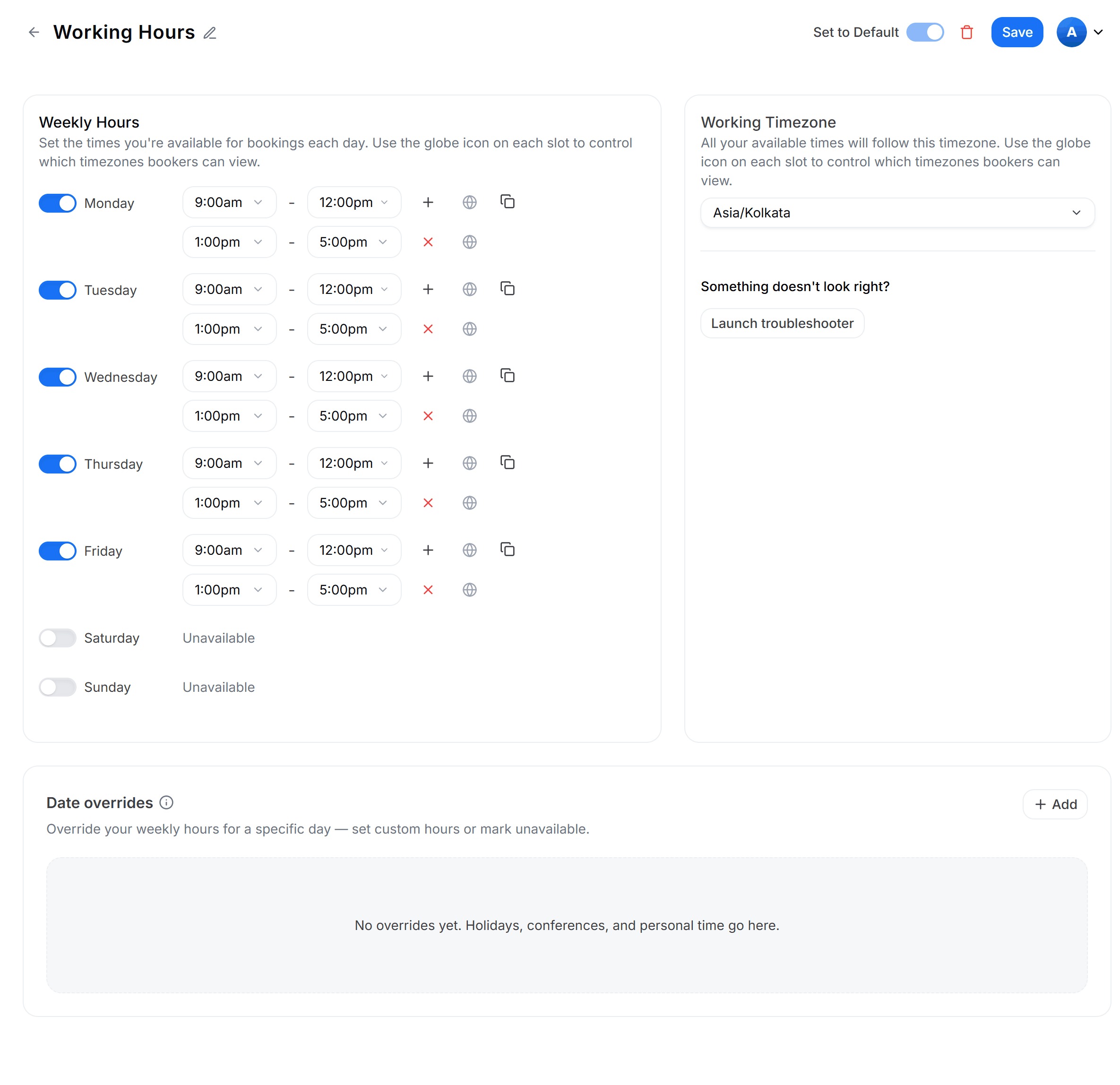 Weekly Hours panel in the Availability tab with every day's start and end time fields shown in the chosen 12-hour or 24-hour format