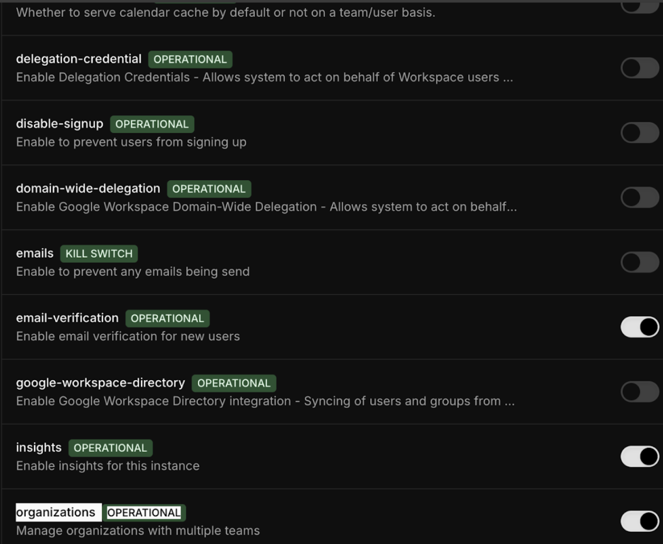 Settings Admin Features Organization