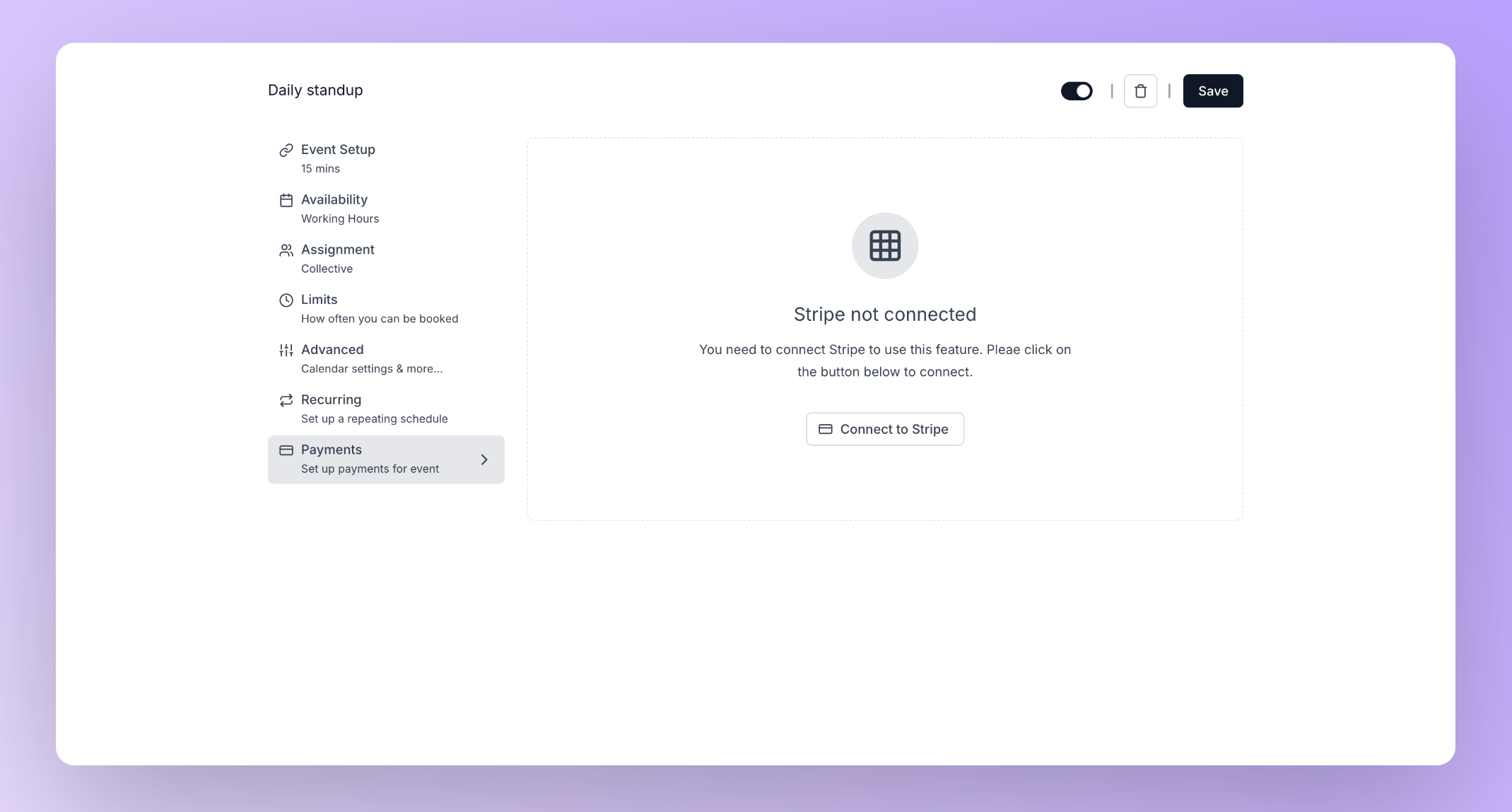 Payments tab without stripe connected