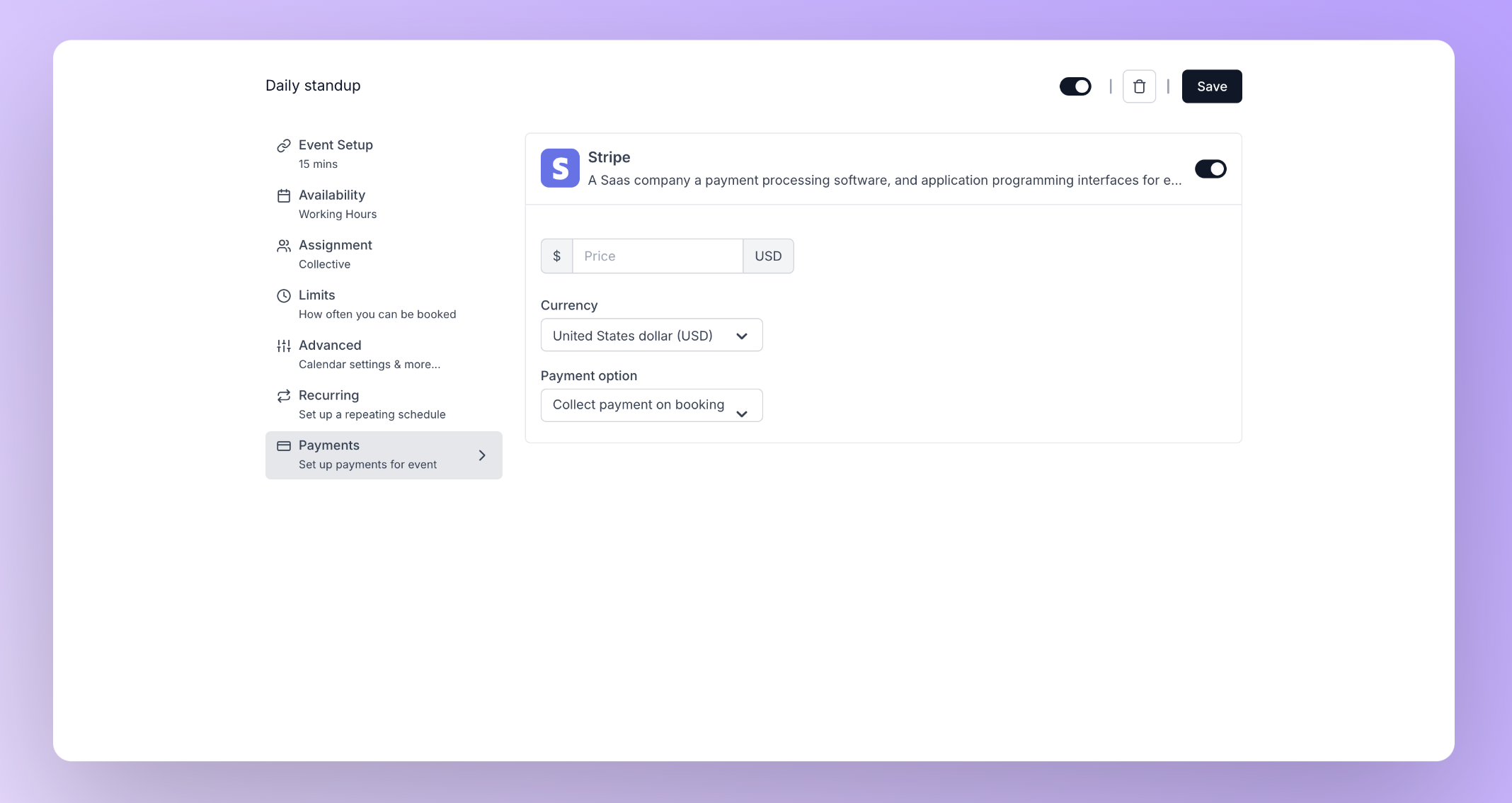 Payments tab with stripe connected