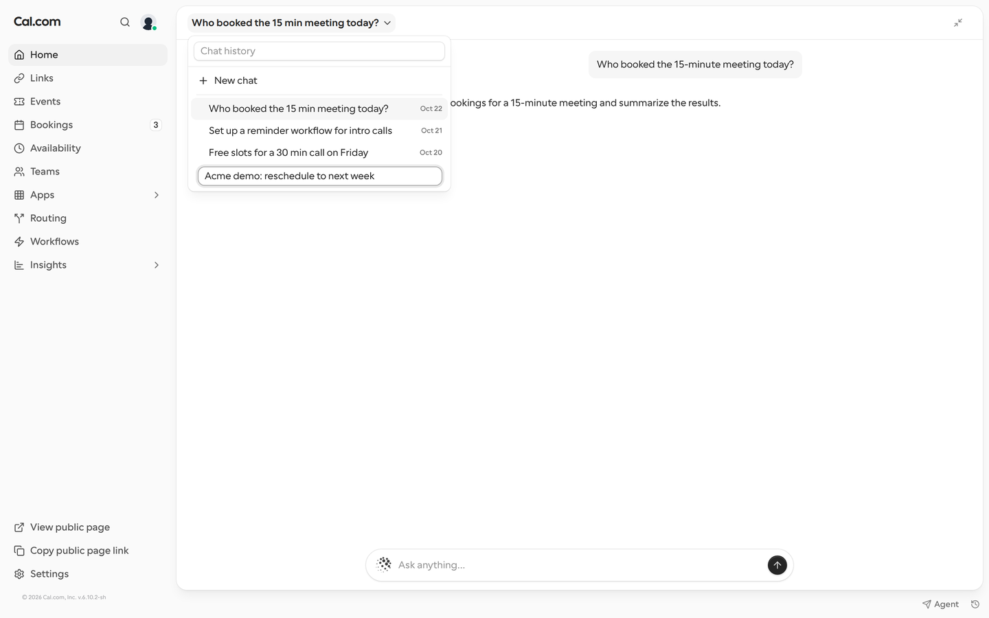 The chat history with one chat's title turned into a text field, being renamed to Acme demo: reschedule to next week