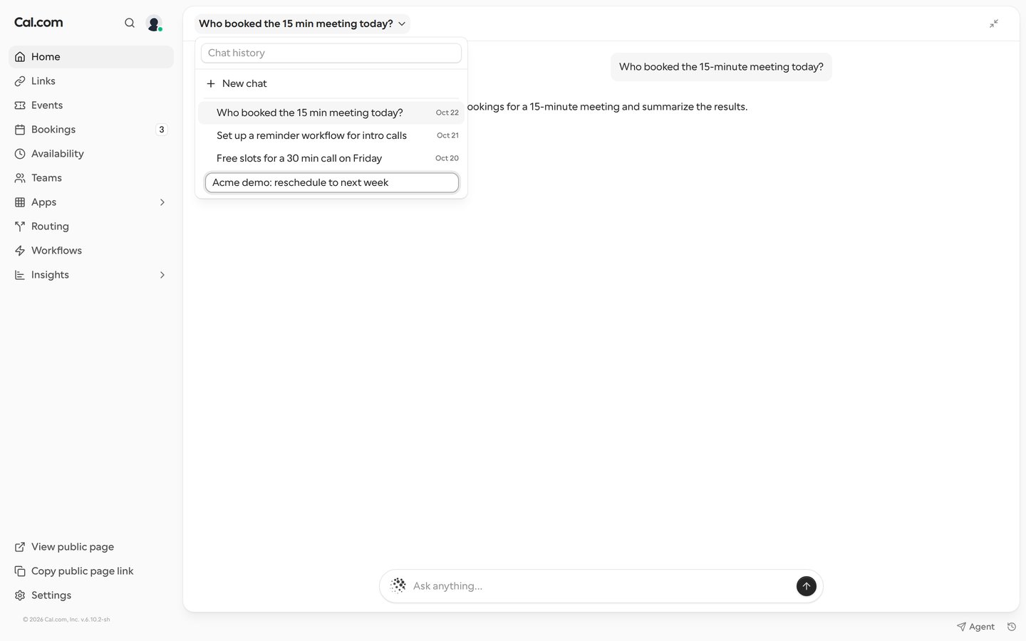 The chat history with one chat's title turned into a text field, being renamed to Acme demo: reschedule to next week