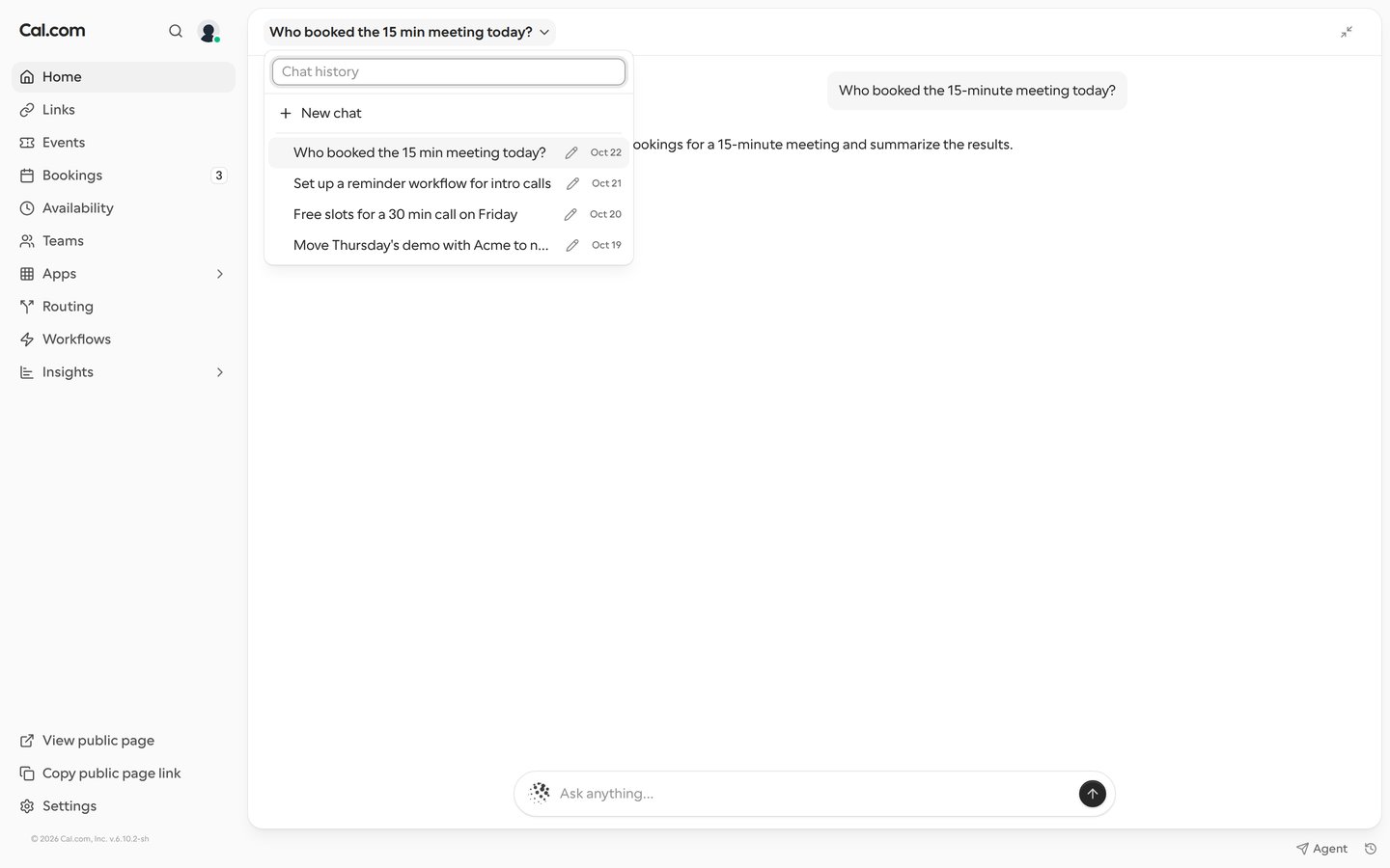 The chat history opened from the chat title in the Home page header, listing four chats, each with a pencil rename button next to its date