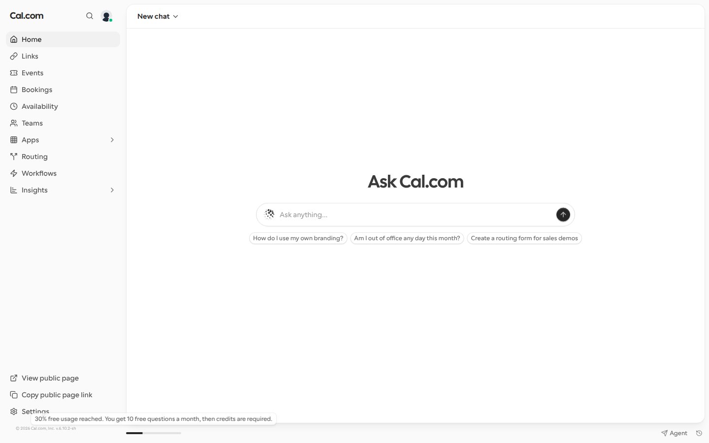 The Home page of the Cal.com web app on desktop with a progress bar at the bottom of the page and its tooltip: 30% free usage reached. You get 10 free questions a month, then credits are required.