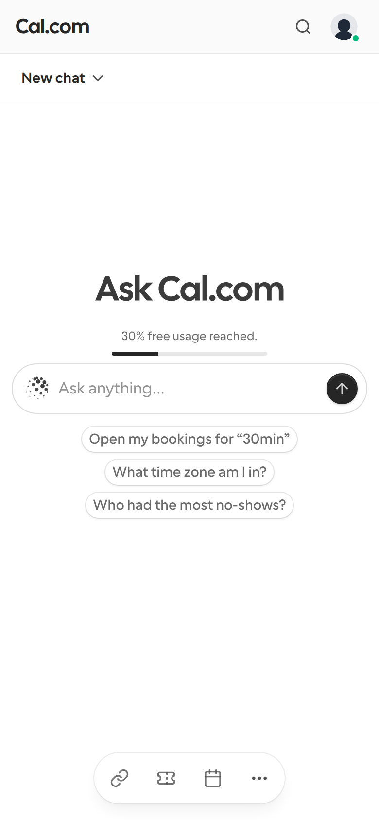 The Home page of the Cal.com web app on mobile, with 30% free usage reached and a progress bar above the Ask anything chat box