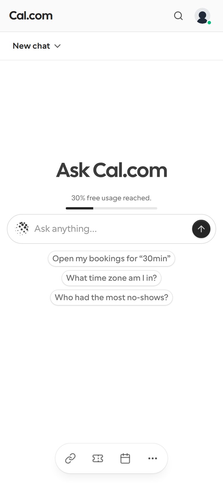 The Home page of the Cal.com web app on mobile, with 30% free usage reached and a progress bar above the Ask anything chat box