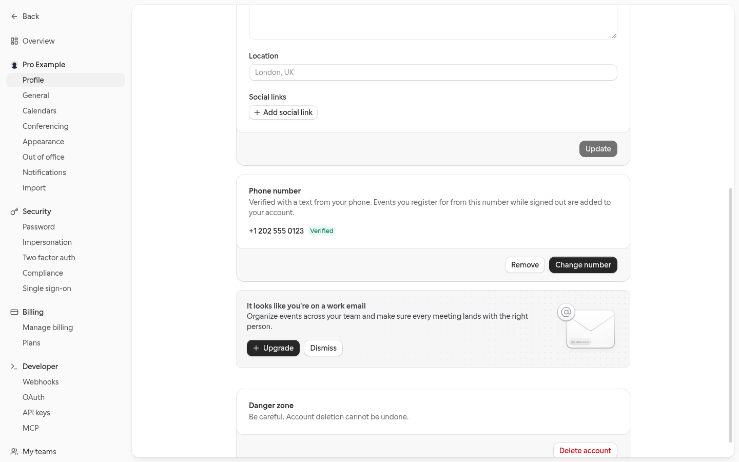 The Phone number card on the Profile settings page, showing a verified number with a Verified badge and Remove and Change number buttons
