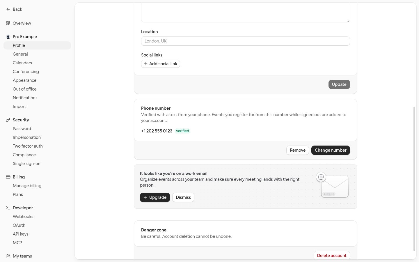 The Phone number card on the Profile settings page, showing a verified number with a Verified badge and Remove and Change number buttons