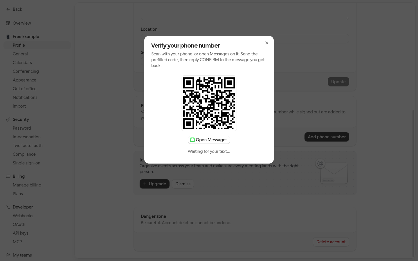 The Verify your phone number dialog, showing a QR code, an Open Messages button and Waiting for your text